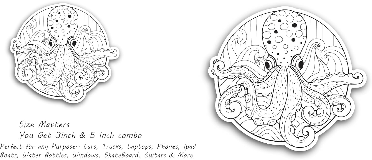 2 (Pieces) 3" and 5" Water Resistant Octopus Sticker, Waterproof Vinyl Decals for Many Purpose Like Cars, Trucks, Laptops, Phones, Windows and More