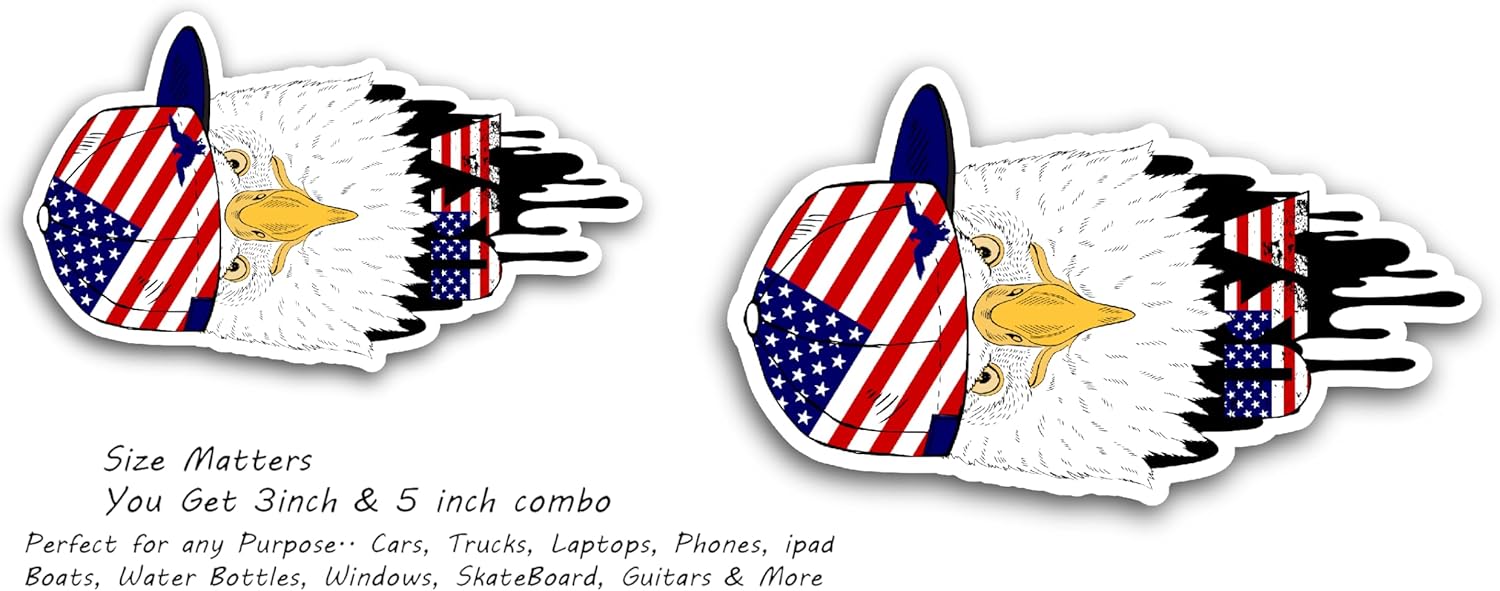 2 (Pieces) 3" and 5" Eagle with American Cap Decal Sticker, Waterproof Vinyl Decals for Many Purpose Like Cars, Trucks, Laptops, Phones, Windows and More