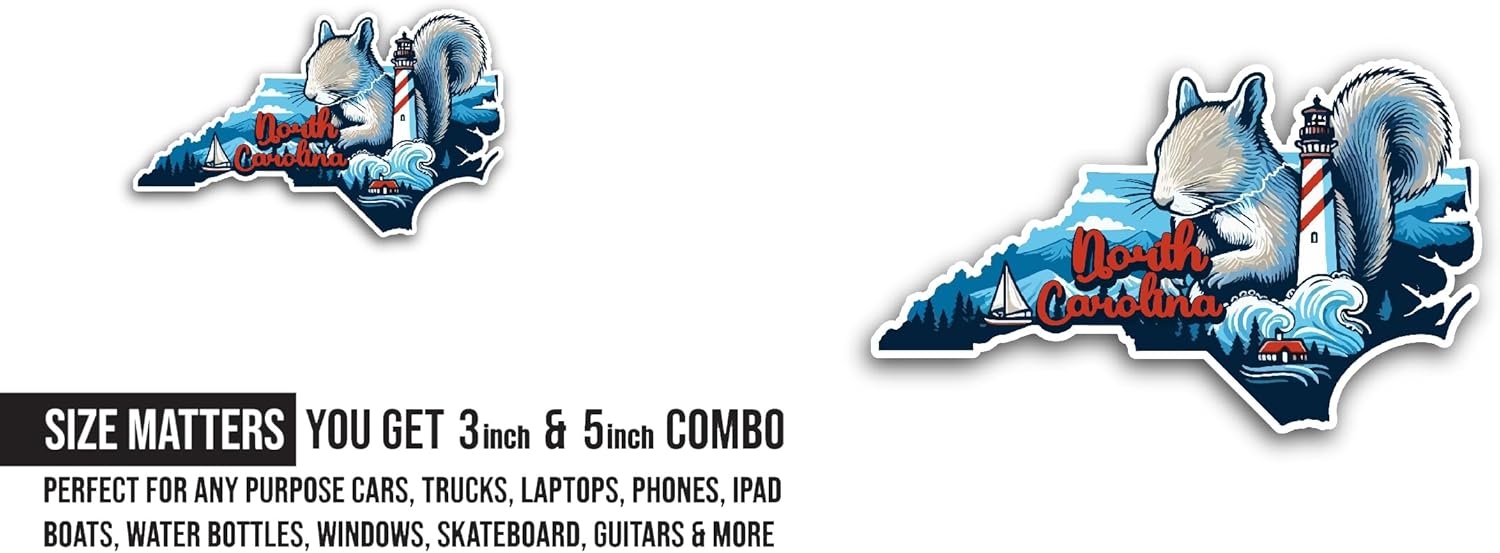 2 (Pieces) 3" and 5" North Carolina Sticker, Waterproof Vinyl Decals for Many Purpose Like Cars, Trucks, Laptops, Phones, Windows and More