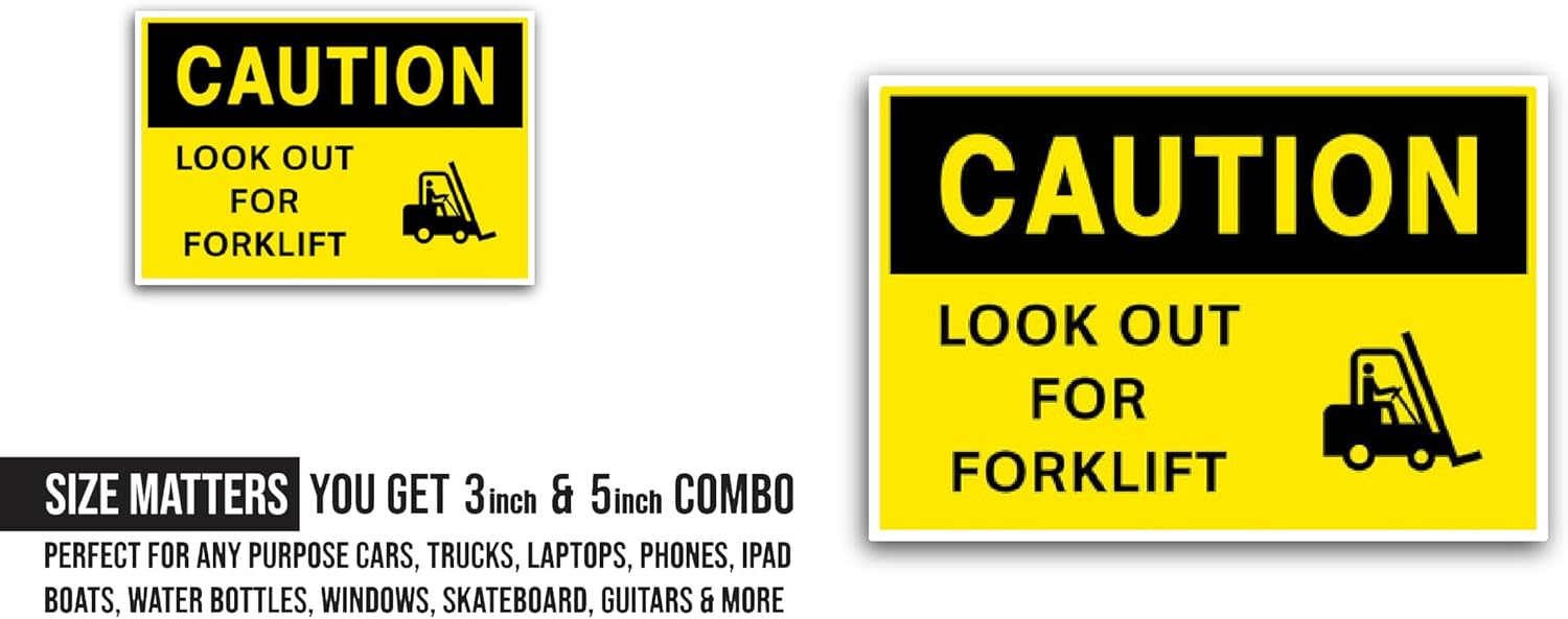 2 (Pieces) 3" and 5" Caution Forklift Sign Sticker, Waterproof Vinyl Decals for Many Purpose Like Cars, Trucks, Laptops, Phones, Windows and More