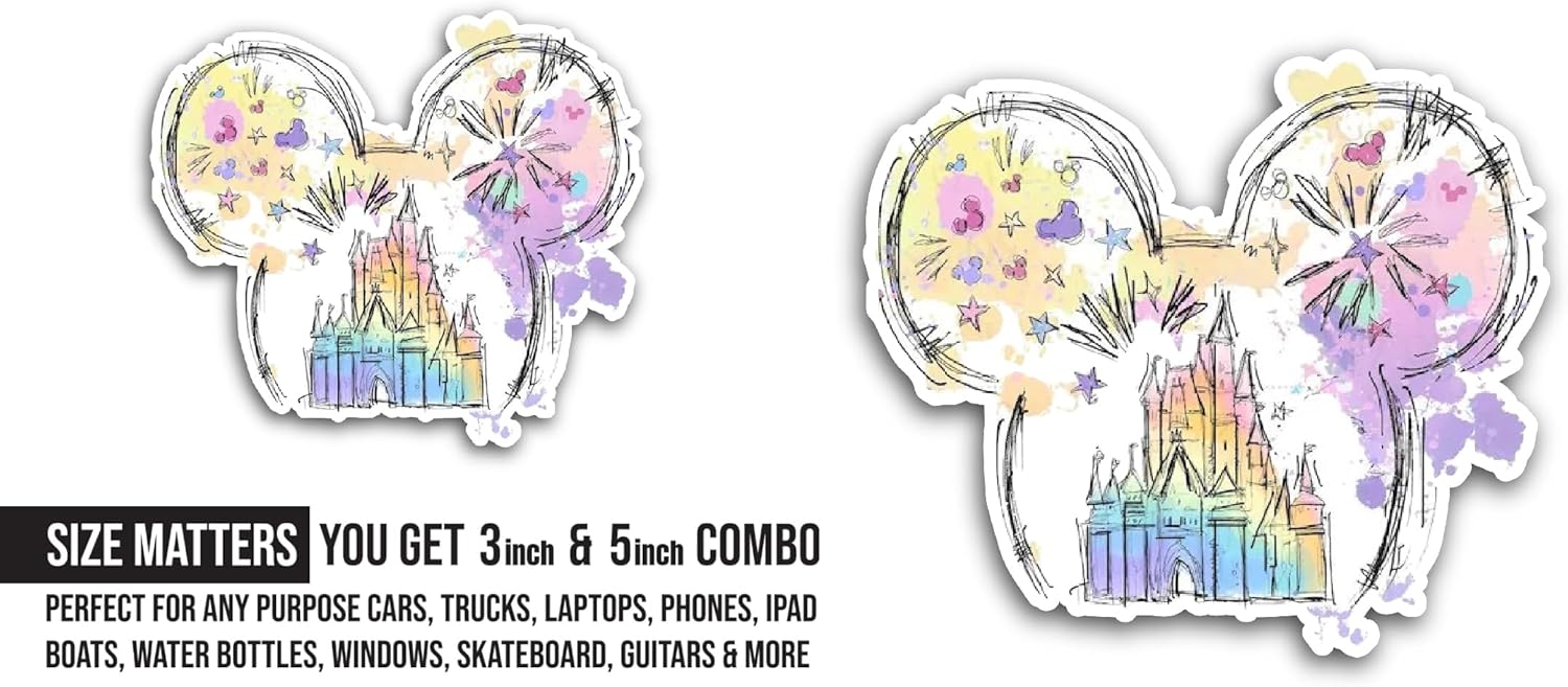 2 (Pieces) 3" and 5" Castle with Fireworks Sticker, Waterproof Vinyl Decals for Many Purpose Like Cars, Trucks, Laptops, Phones, Windows and More