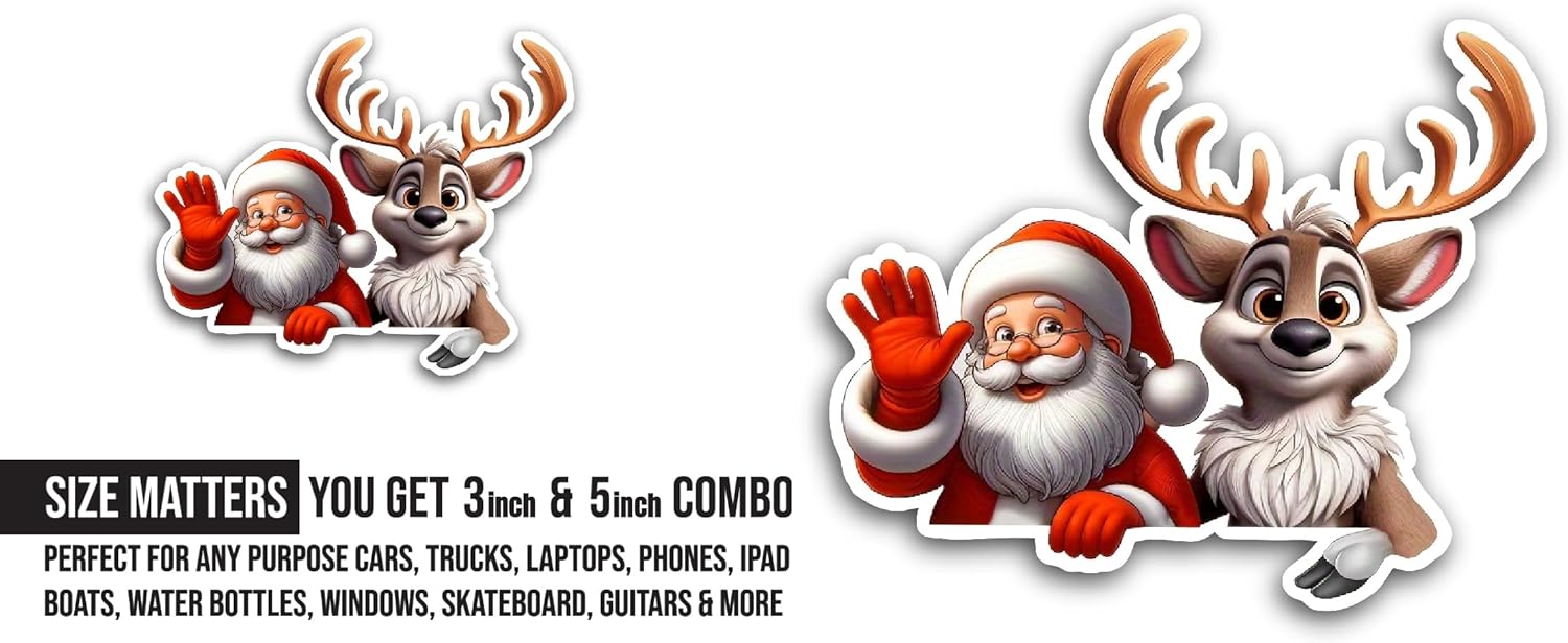 2 (Pieces) 3" and 5" Santa Claus with Reindeer Sticker, Waterproof Vinyl Decals for Many Purpose Like Cars, Trucks, Laptops, Phones, Windows and More