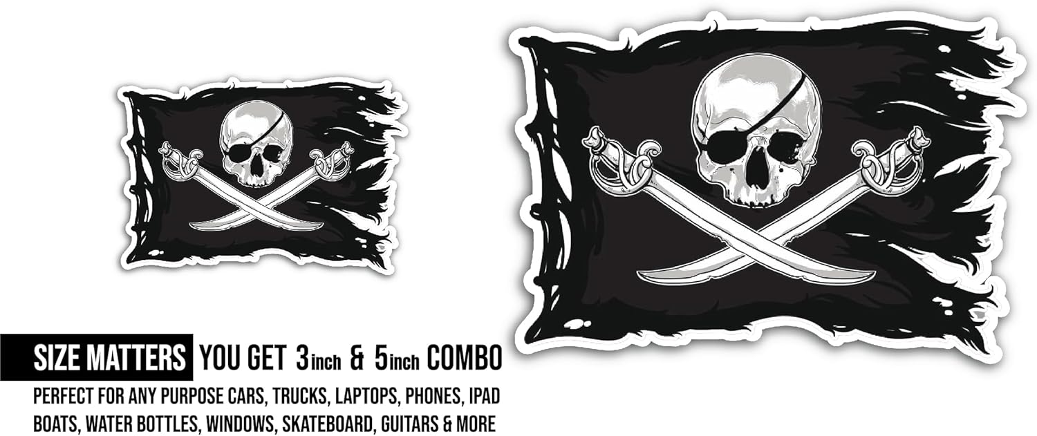 2 (Pieces) 3" and 5" Pirate Flag Decal Sticker, Waterproof Vinyl Decals for Many Purpose Like Cars, Trucks, Laptops, Phones, Windows and More