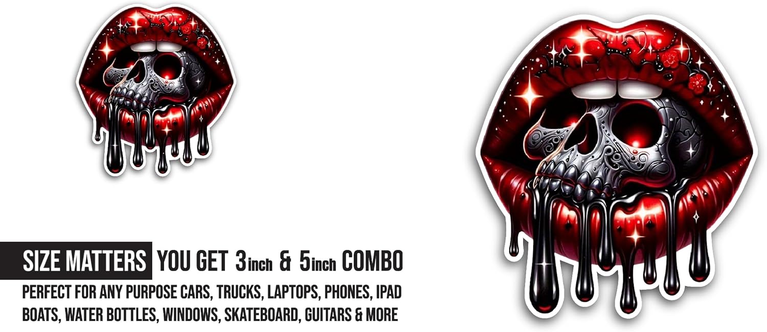 2 (Pieces) 3" and 5" Gothic Skull and Dripping Lips Sticker, Waterproof Vinyl Decals for Many Purpose Like Cars, Trucks, Laptops, Phones, Windows and More