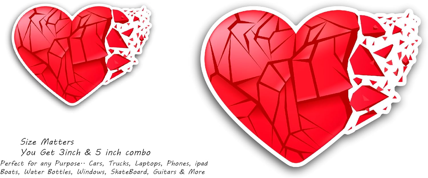 2 (Pieces) 3" and 5" Red Broken Heart Sticker, Waterproof Vinyl Decals for Many Purpose Like Cars, Trucks, Laptops, Phones, Windows and More