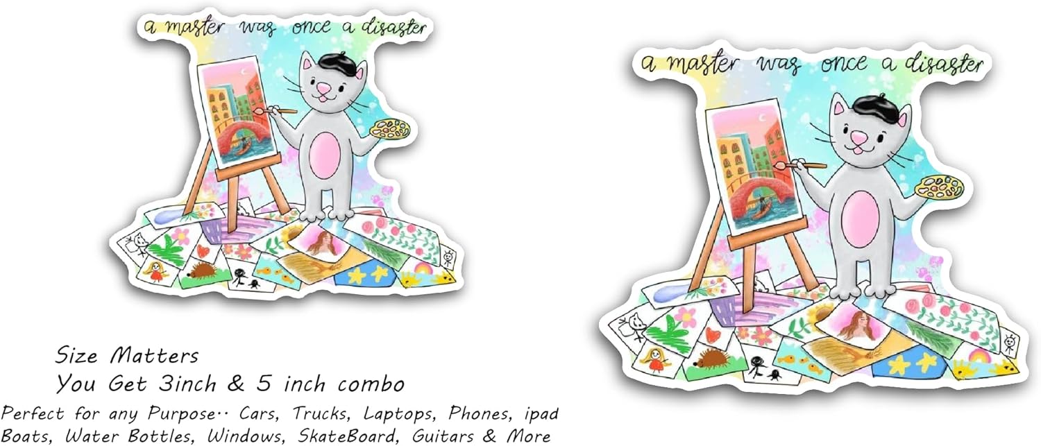 2 (Pieces) 3" and 5" Cat in Beret Holds Brush and Palette Sticker, Waterproof Vinyl Decals for Many Purpose Like Cars, Trucks, Laptops, Phones, Windows and More
