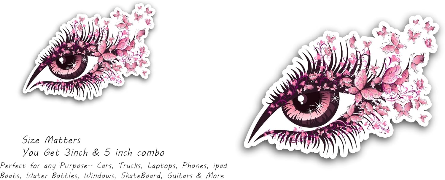 2 (Pieces) 3" and 5" Butterfly Eyelash Sticker, Waterproof Vinyl Decals for Many Purpose Like Cars, Trucks, Laptops, Phones, Windows and More