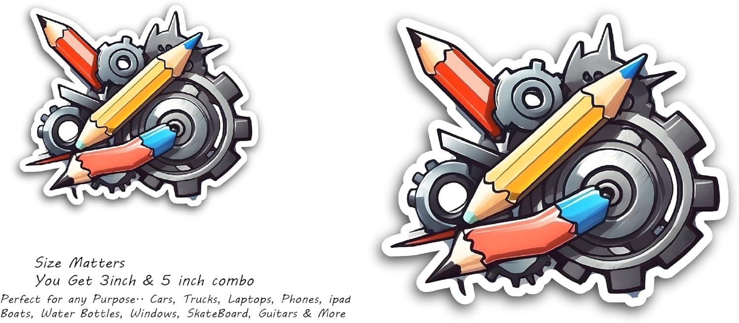 2 (Pieces) 3" and 5" Mechanical Gears with Pencils Sticker, Waterproof Vinyl Decals for Many Purpose Like Cars, Trucks, Laptops, Phones, Windows and More
