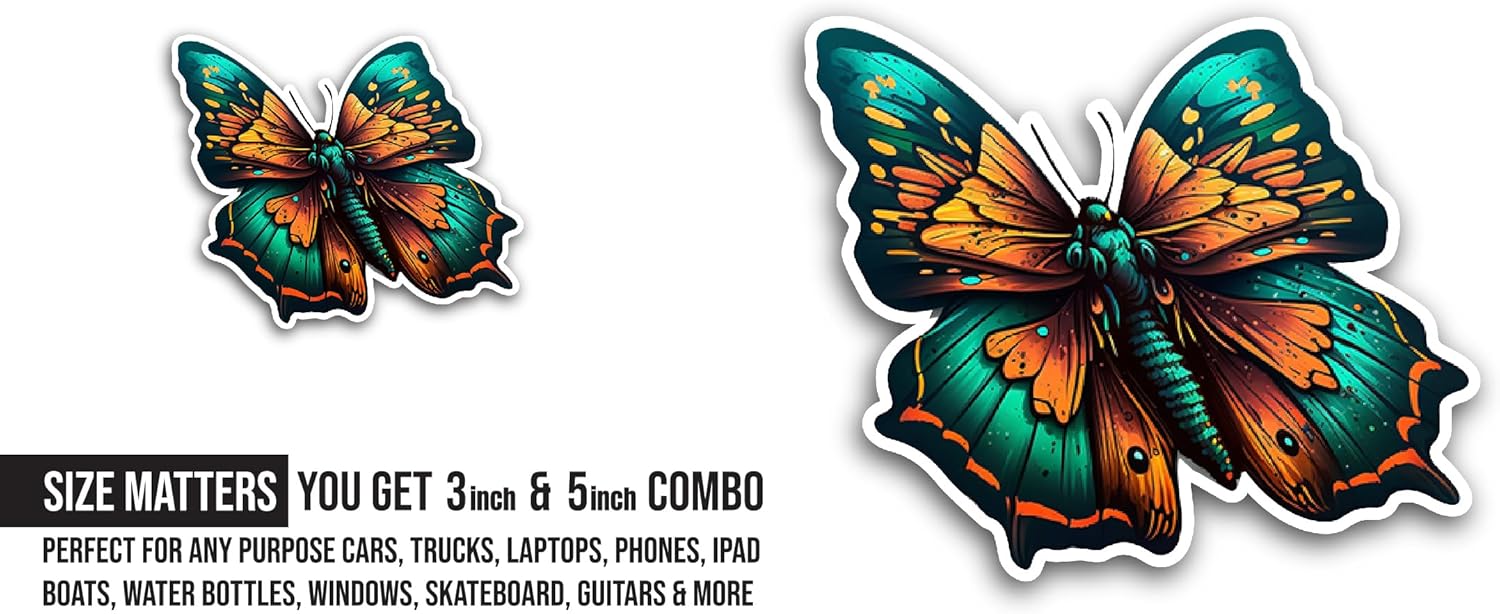 2 (Pieces) 3" and 5" Green Yellow Butterfly Sticker, Waterproof Vinyl Decals for Many Purpose Like Cars, Trucks, Laptops, Phones, Windows and More