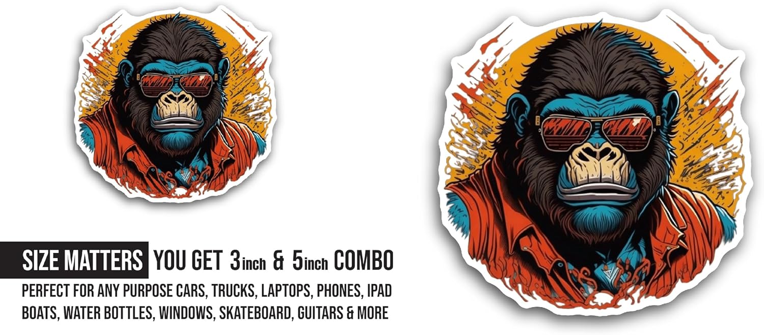 2 (Pieces) 3" and 5" Monkey Wearing Sunglasses Sticker, Waterproof Vinyl Decals for Many Purpose Like Cars, Trucks, Laptops, Phones, Windows and More