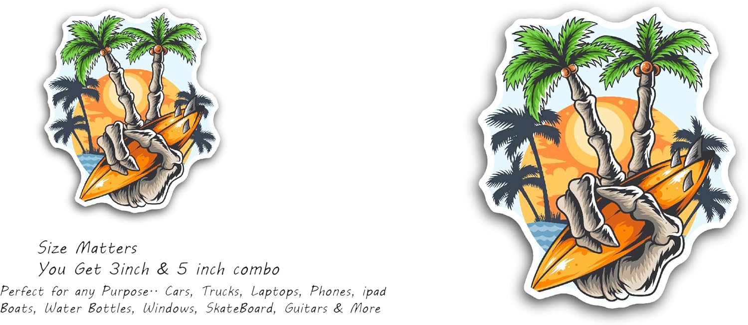 2 (Pieces) 3" and 5" Tropical Beach Skull Surfboard Sticker, Waterproof Vinyl Decals for Many Purpose Like Cars, Trucks, Laptops, Phones, Windows and More