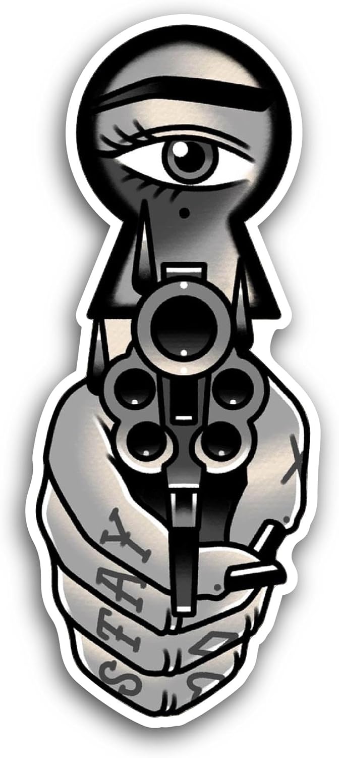 2 (Pieces) 3" and 5" Hand Holding Gun Sticker, Waterproof Vinyl Decals for Many Purpose Like Cars, Trucks, Laptops, Phones, Windows and More