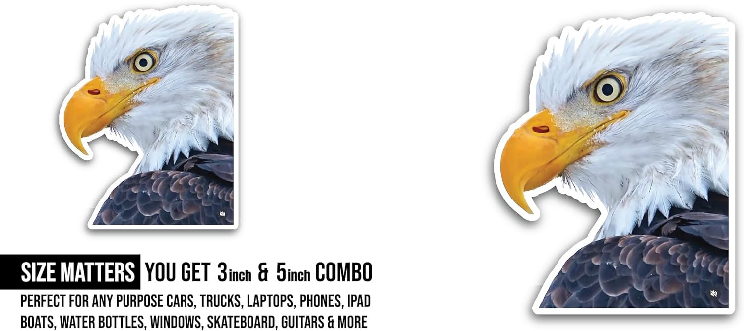 2 (Pieces) 3" and 5" Eagle Head Sticker, Waterproof Vinyl Decals for Many Purpose Like Cars, Trucks, Laptops, Phones, Windows and More