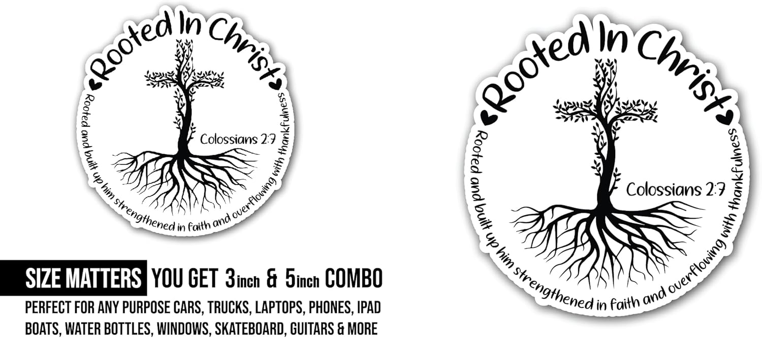 2 (Pieces) 3" and 5" Rooted in Christ Sticker, Waterproof Vinyl Decals for Many Purpose Like Cars, Trucks, Laptops, Phones, Windows and More