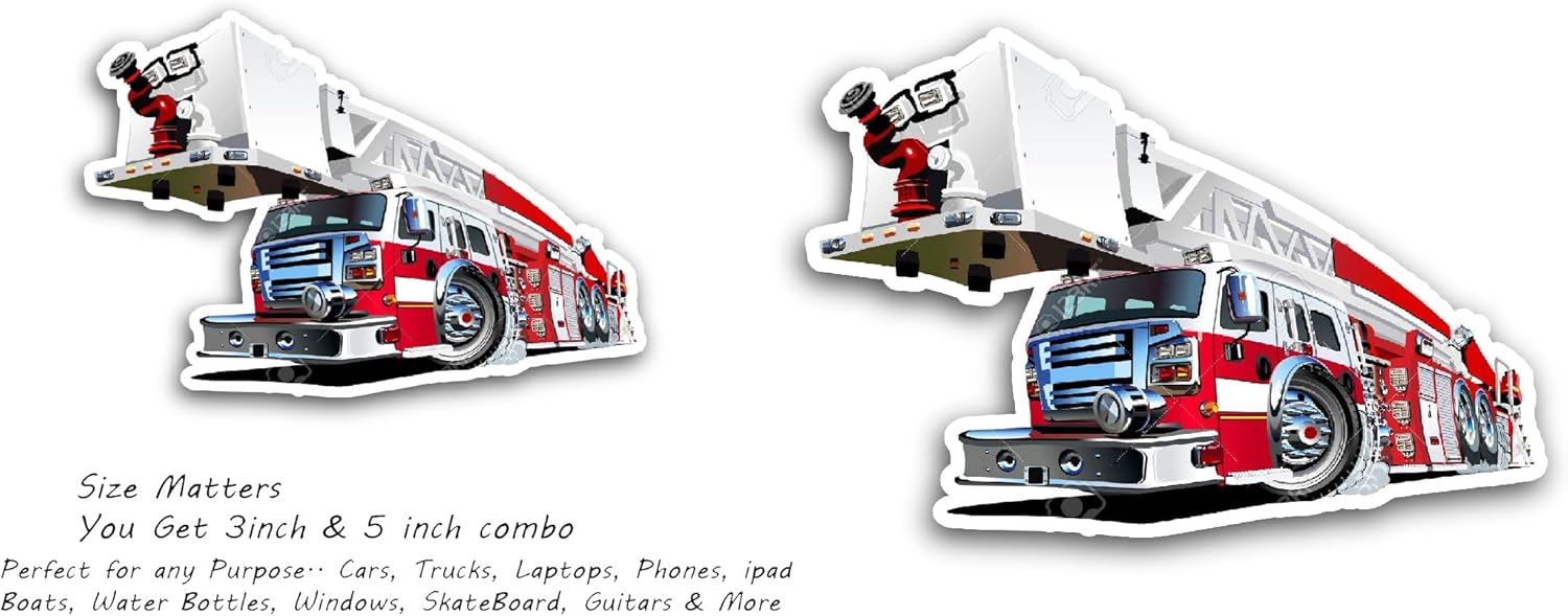 2 (Pieces) 3" and 5" Cartoon Red Fire Truck Sticker, Waterproof Vinyl Decals for Many Purpose Like Cars, Trucks, Laptops, Phones, Windows and More