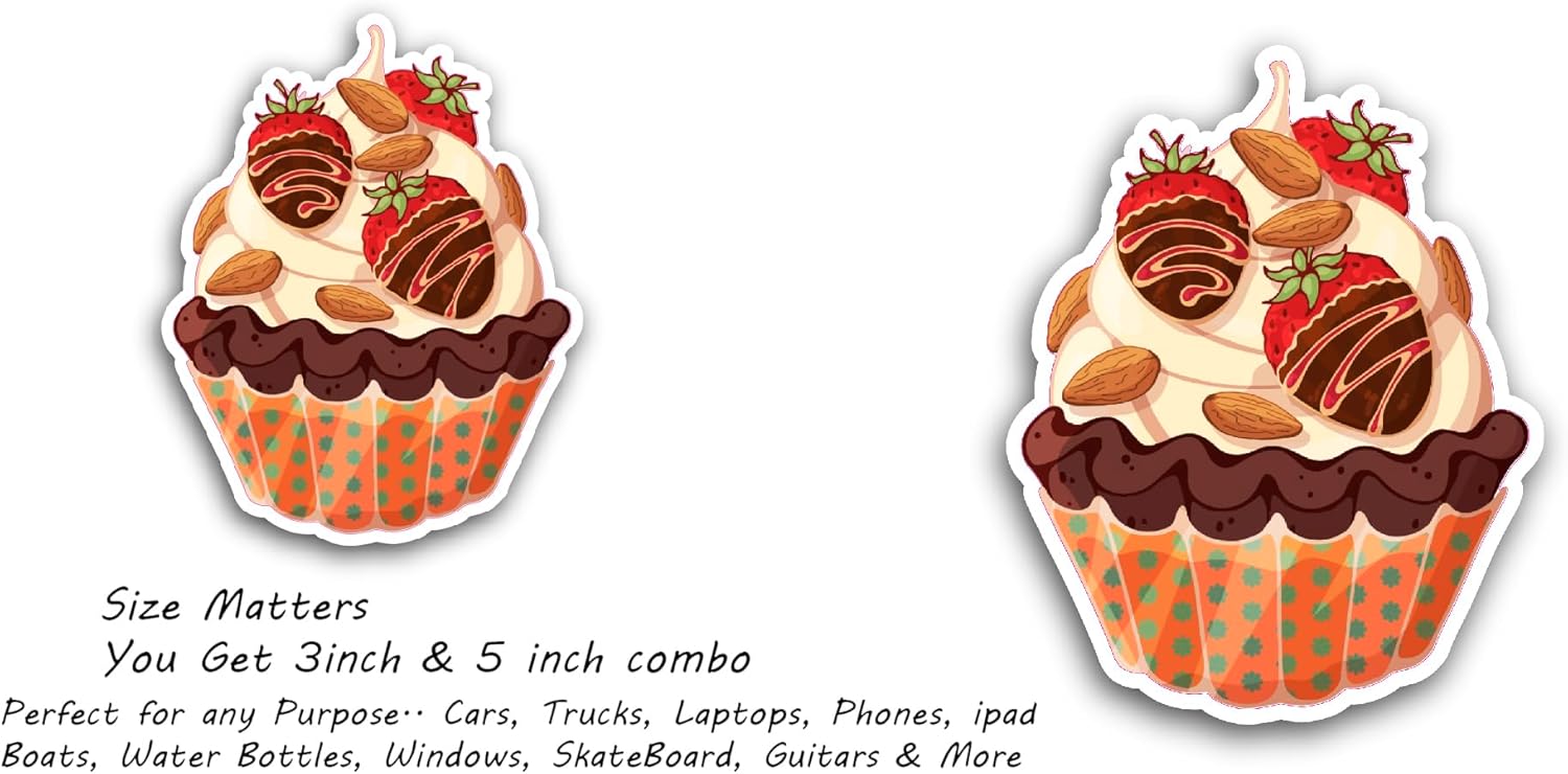 2 (Pieces) 3" and 5" Cupcake with Strawberries Sticker, Waterproof Vinyl Decals for Many Purpose Like Cars, Trucks, Laptops, Phones, Windows and More