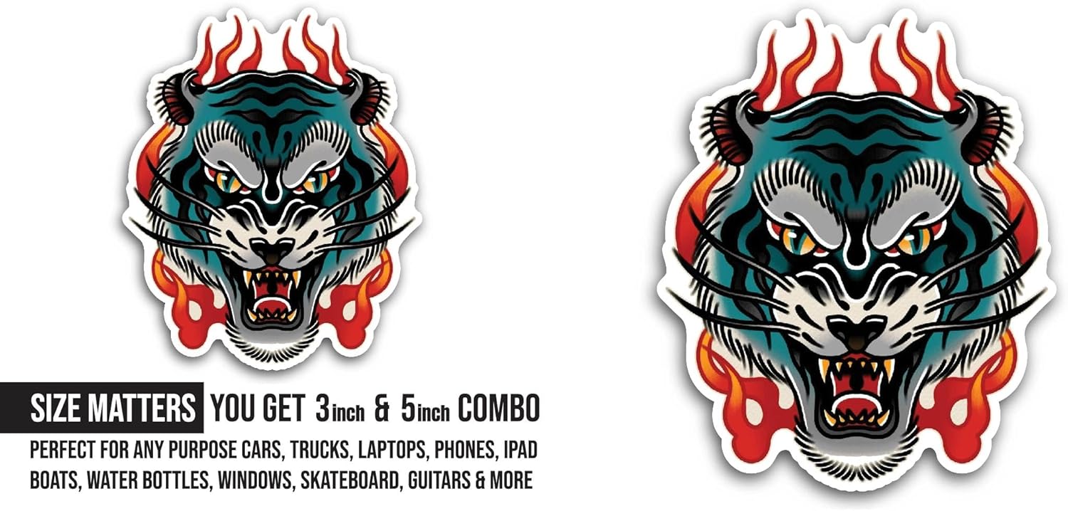 2 (Pieces) 3" and 5" Tiger with Flames Sticker, Waterproof Vinyl Decals for Many Purpose Like Cars, Trucks, Laptops, Phones, Windows and More