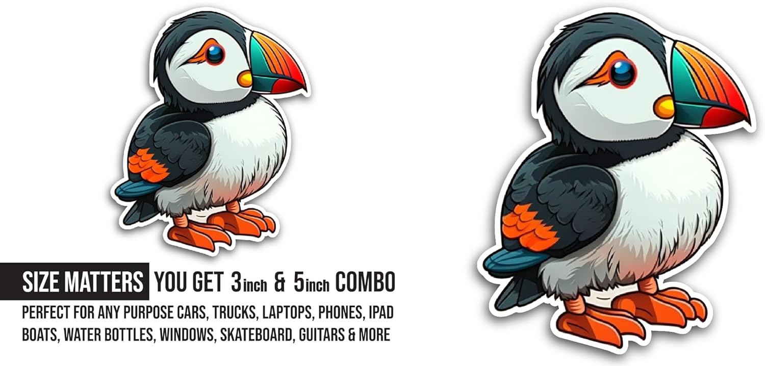 2 (Pieces) 3" and 5" Cartoon Puffin Sticker, Waterproof Vinyl Decals for Many Purpose Like Cars, Trucks, Laptops, Phones, Windows and More