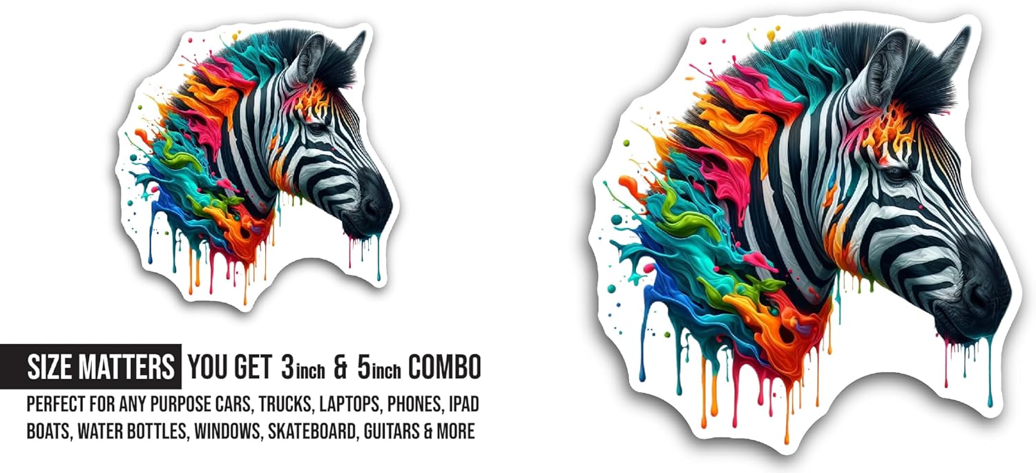 2 (Pieces) 3" and 5" Brightly Colored Zebra Sticker, Waterproof Vinyl Decals for Many Purpose Like Cars, Trucks, Laptops, Phones, Windows and More