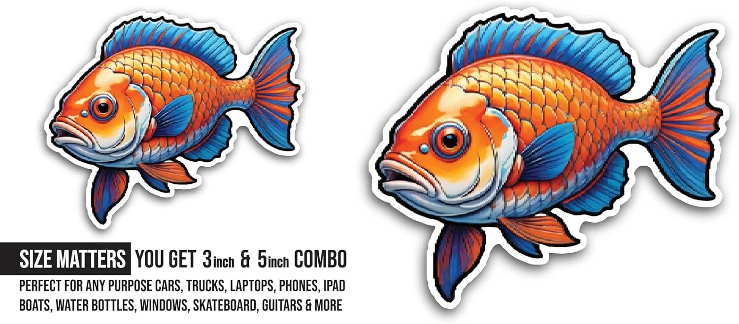 2 (Pieces) 3" and 5" Fish Sticker, Waterproof Vinyl Decals for Many Purpose Like Cars, Trucks, Laptops, Phones, Windows and More