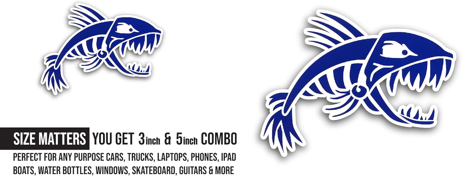 2 (Pieces) 3" and 5" Skeleton Fish Sticker, Waterproof Vinyl Decals for Many Purpose Like Cars, Trucks, Laptops, Phones, Windows and More