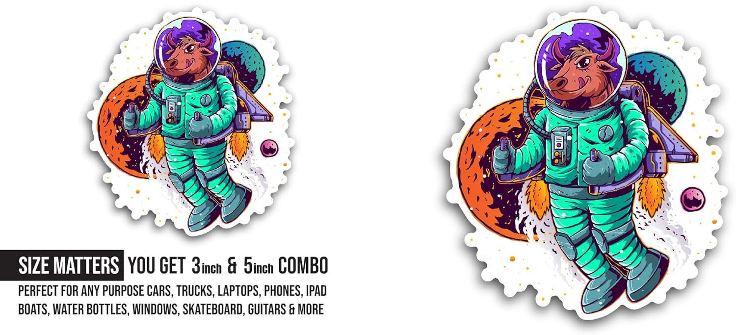 2 (Pieces) 3" and 5" Astronaut and Space Sticker, Waterproof Vinyl Decals for Many Purpose Like Cars, Trucks, Laptops, Phones, Windows and More