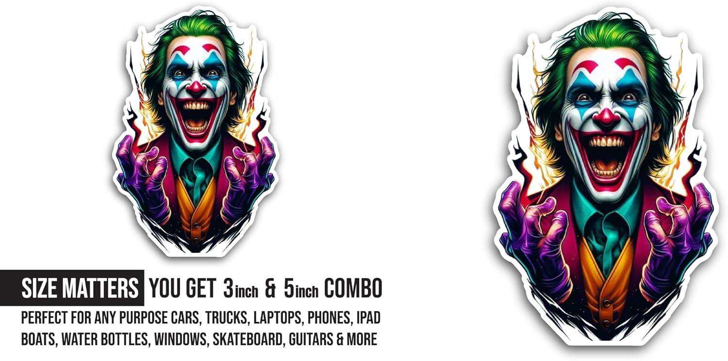 2 (Pieces) 3" and 5" Laughing Joker Face Sticker, Waterproof Vinyl Decals for Many Purpose Like Cars, Trucks, Laptops, Phones, Windows and More
