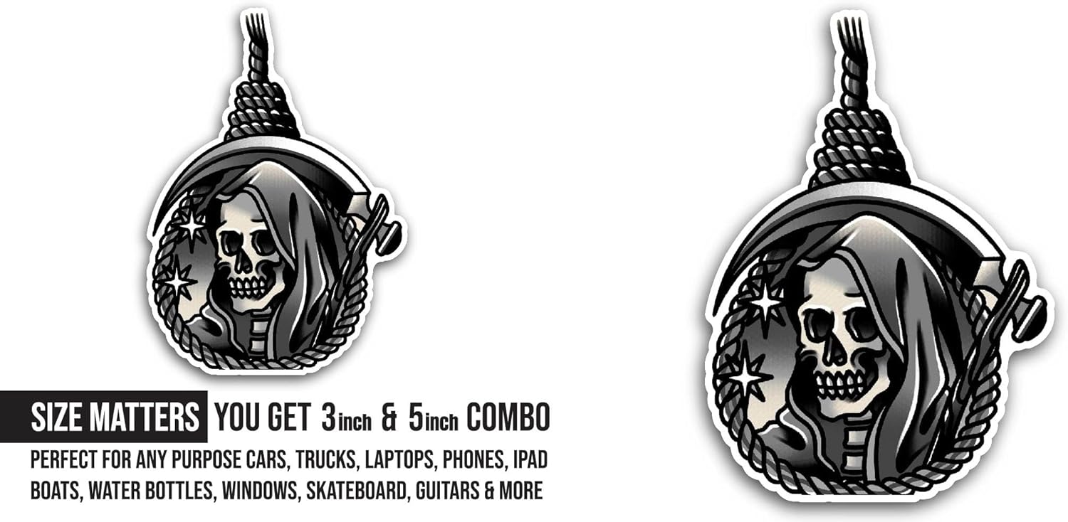 2 (Pieces) 3" and 5" Black and White Grim Reaper Sticker, Waterproof Vinyl Decals for Many Purpose Like Cars, Trucks, Laptops, Phones, Windows and More