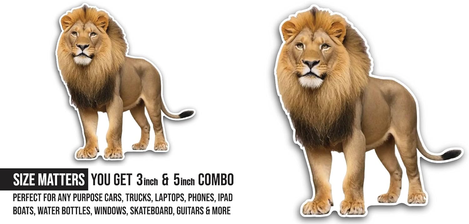 2 (Pieces) 3" and 5" Lion Closeup Sticker, Waterproof Vinyl Decals for Many Purpose Like Cars, Trucks, Laptops, Phones, Windows and More