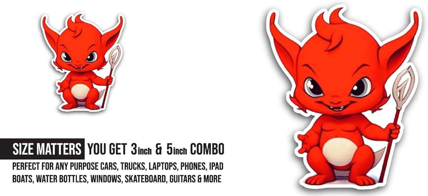 2 (Pieces) 3" and 5" Little Red Devil Sticker, Waterproof Vinyl Decals for Many Purpose Like Cars, Trucks, Laptops, Phones, Windows and More