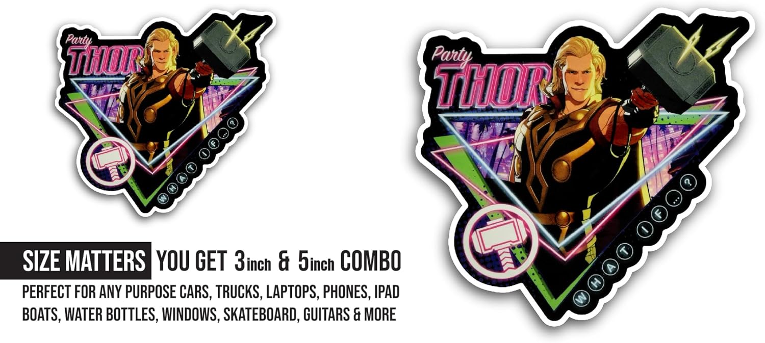 2 (Pieces) 3" and 5" Party Thor Sticker, Waterproof Vinyl Decals for Many Purpose Like Cars, Trucks, Laptops, Phones, Windows and More