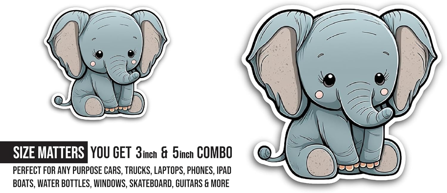 2 (Pieces) 3" and 5" Cartoon Elephant Sticker, Waterproof Vinyl Decals for Many Purpose Like Cars, Trucks, Laptops, Phones, Windows and More