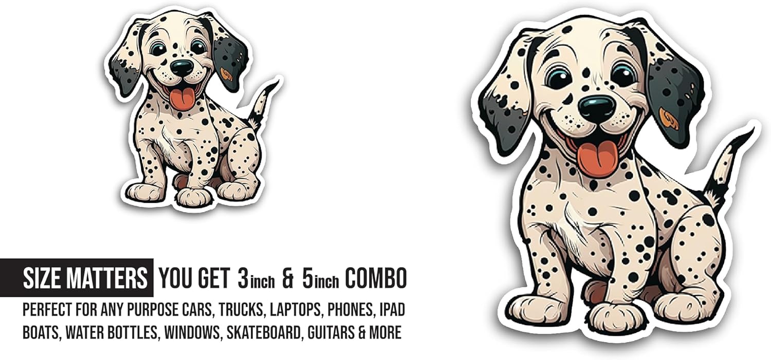 2 (Pieces) 3" and 5" Cute Dalmation Sticker, Waterproof Vinyl Decals for Many Purpose Like Cars, Trucks, Laptops, Phones, Windows and More