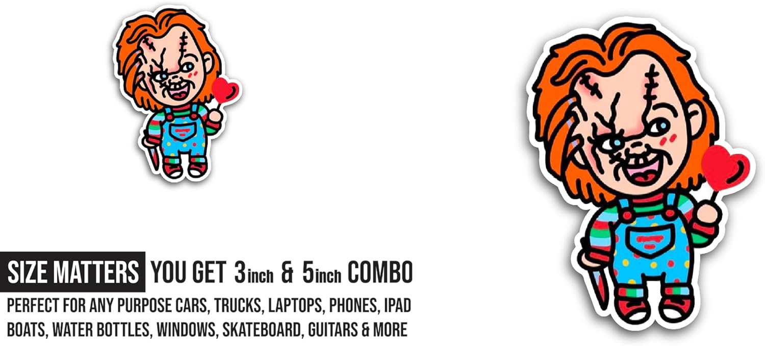 2 (Pieces) 3" and 5" Cartoon Chucky Sticker, Waterproof Vinyl Decals for Many Purpose Like Cars, Trucks, Laptops, Phones, Windows and More