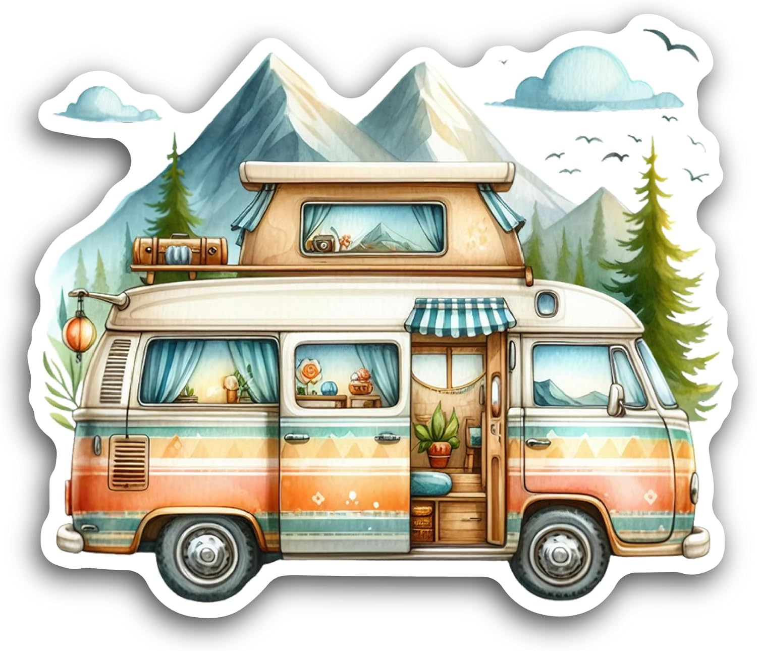 2 (Pieces) 3" and 5" Cartoon Travel Van Sticker, Waterproof Vinyl Decals for Many Purpose Like Cars, Trucks, Laptops, Phones, Windows and More