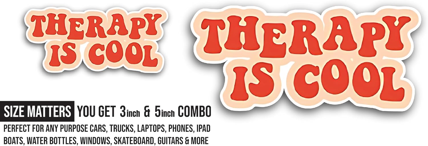 2 (Pieces) 3" and 5" Therapy is Cool Red Text Sticker, Waterproof Vinyl Decals for Many Purpose Like Cars, Trucks, Laptops, Phones, Windows and More