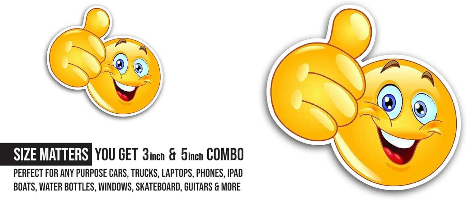 2 (Pieces) 3" and 5" Smiley Face with Thumbs Up Sticker, Waterproof Vinyl Decals for Many Purpose Like Cars, Trucks, Laptops, Phones, Windows and More