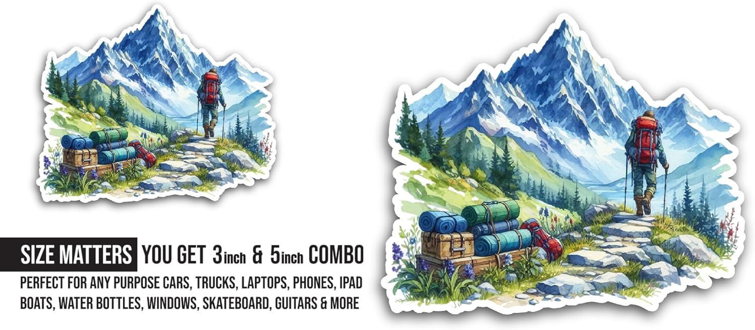 2 (Pieces) 3" and 5" Mountain Hiker Sticker, Waterproof Vinyl Decals for Many Purpose Like Cars, Trucks, Laptops, Phones, Windows and More