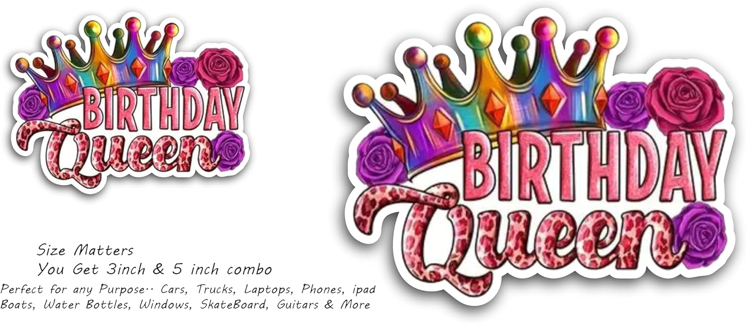 2 (Pieces) 3" and 5" Birthday Queen Decal Sticker, Waterproof Vinyl Decals for Many Purpose Like Cars, Trucks, Laptops, Phones, Windows and More