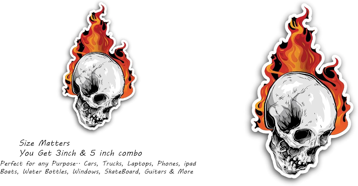 2 (Pieces) 3" and 5" Skull Head with Burning Fire Sticker, Waterproof Vinyl Decals for Many Purposes Like Cars, Trucks, Laptops, Phones, Windows and More