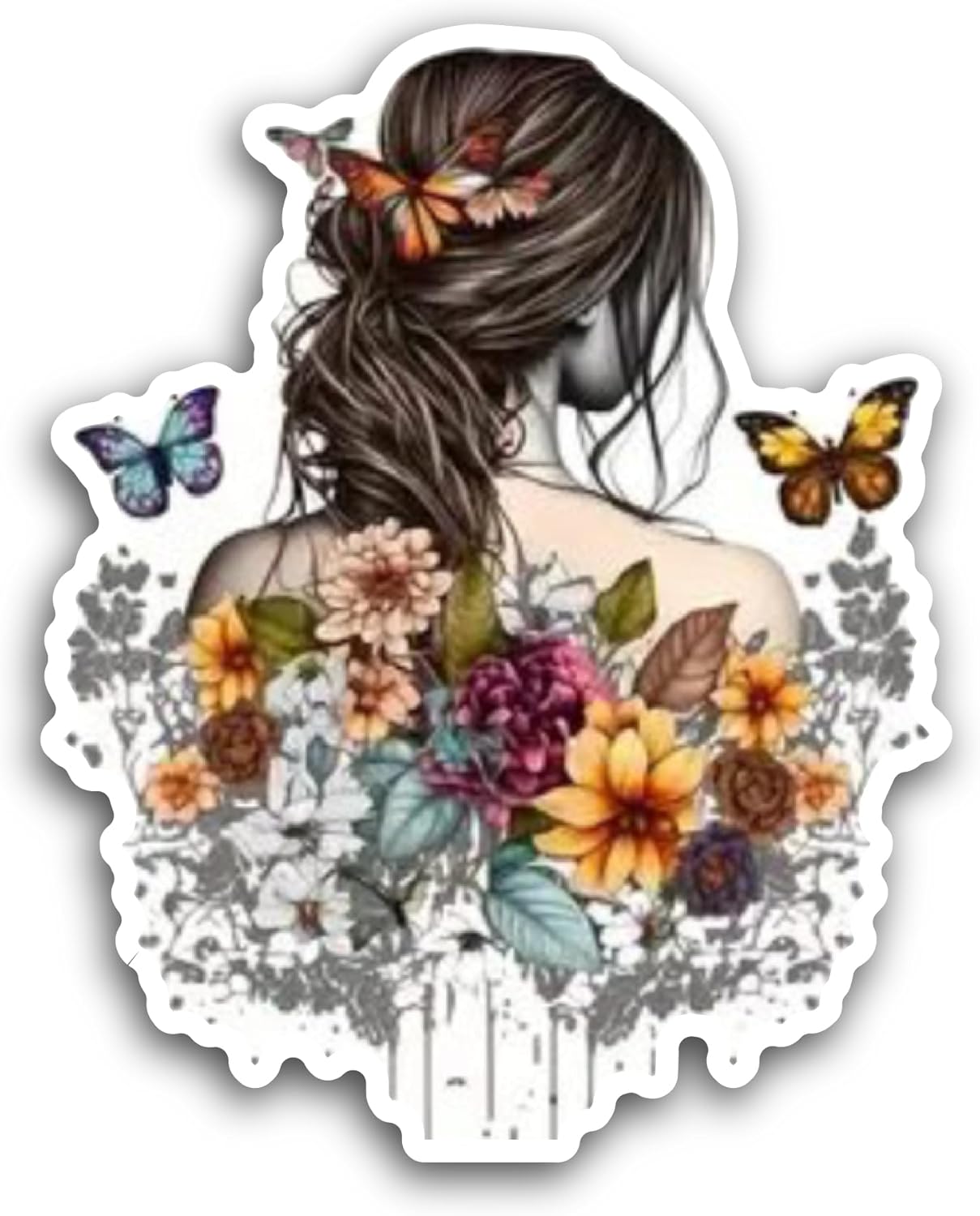 2 (Pieces) 3" and 5" Girl with Flowers and Butterfly Sticker, Waterproof Vinyl Decals for Many Purpose Like Cars, Trucks, Laptops, Phones, Windows and More