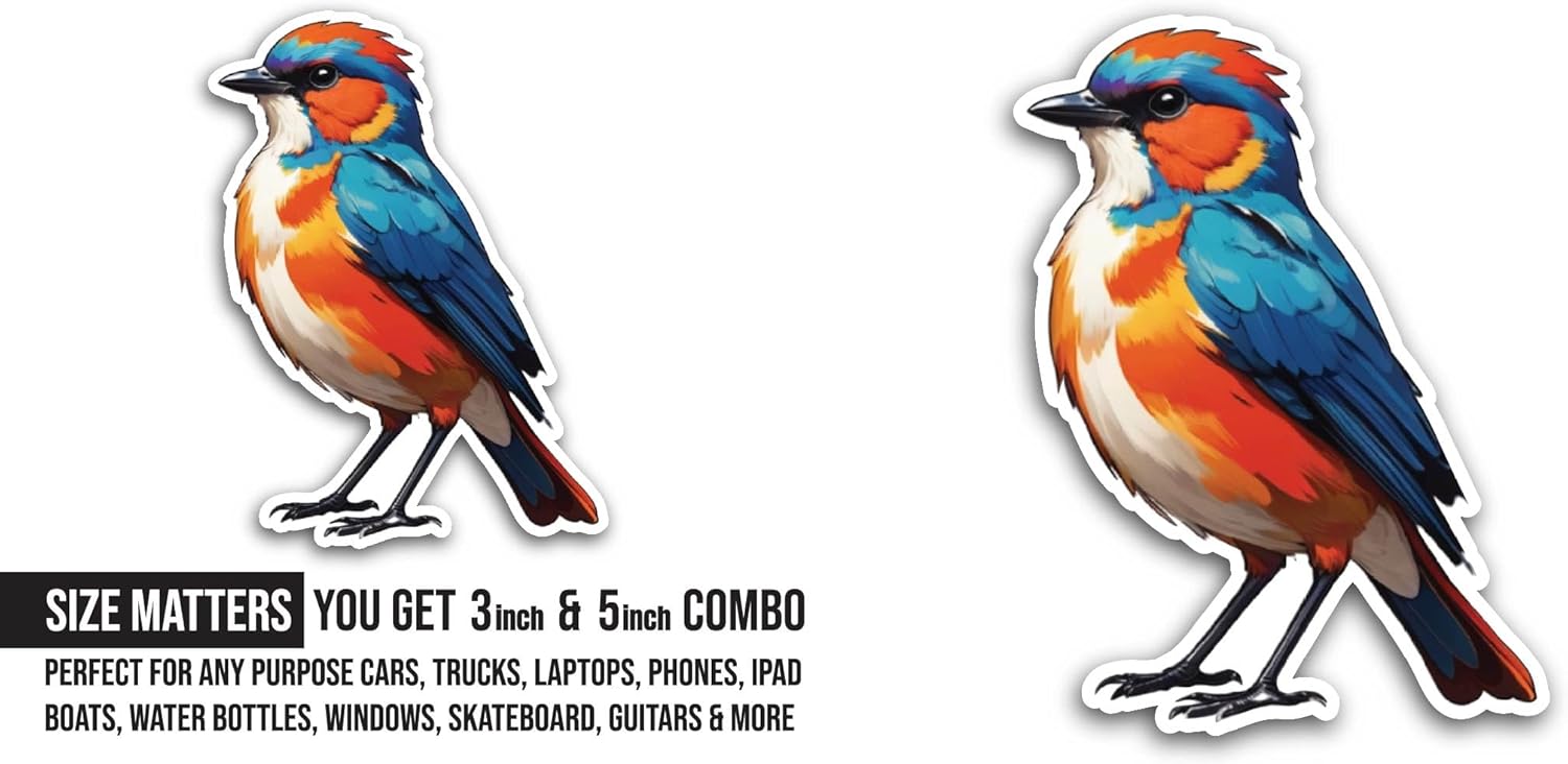 2 (Pieces) 3" and 5" Cute Colorful Bird Sticker, Waterproof Vinyl Decals for Many Purpose Like Cars, Trucks, Laptops, Phones, Windows and More