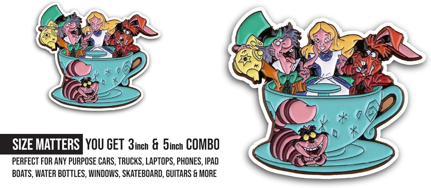 2 (Pieces) 3" and 5" Cartoon Characters in Tea Cup Sticker, Waterproof Vinyl Decals for Many Purpose Like Cars, Trucks, Laptops, Phones, Windows and More