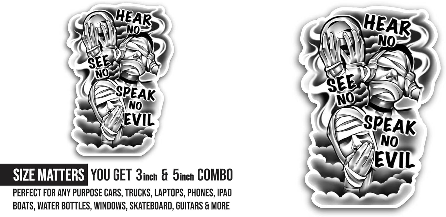 2 (Pieces) 3" and 5" Hear No See No Sticker, Waterproof Vinyl Decals for Many Purpose Like Cars, Trucks, Laptops, Phones, Windows and More