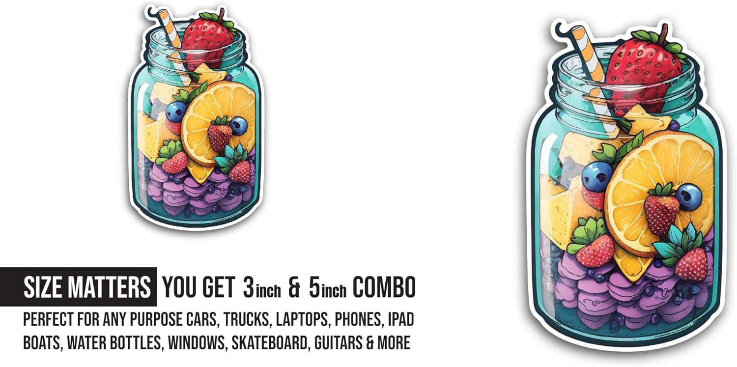 2 (Pieces) 3" and 5" Fruit Jar Sticker, Waterproof Vinyl Decals for Many Purpose Like Cars, Trucks, Laptops, Phones, Windows and More