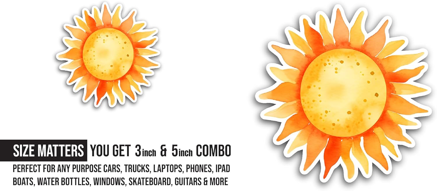 2 (Pieces) 3" and 5" Orange Sun Sticker, Waterproof Vinyl Decals for Many Purpose Like Cars, Trucks, Laptops, Phones, Windows and More