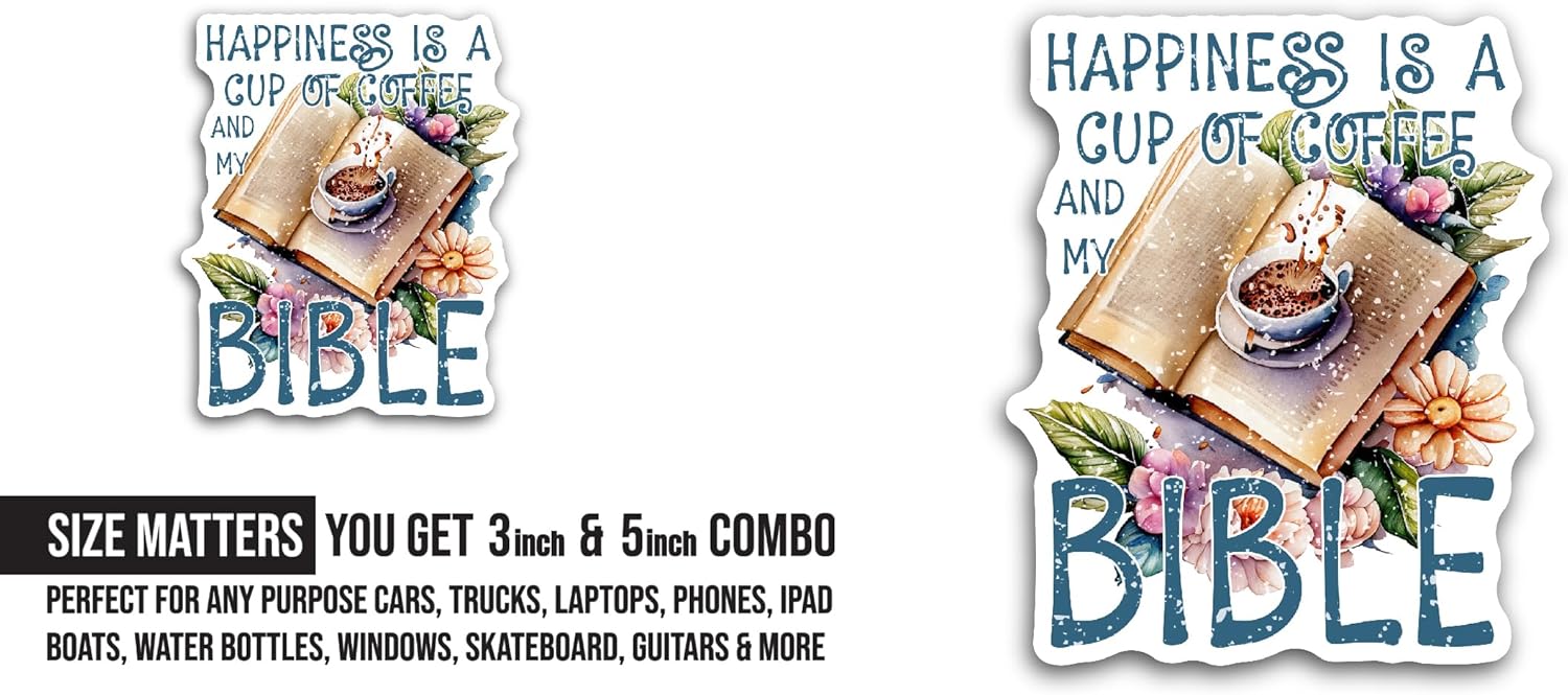 2 (Pieces) 3" and 5" Happiness is A Cup of Coffee Sticker, Waterproof Vinyl Decals for Many Purpose Like Cars, Trucks, Laptops, Phones, Windows and More