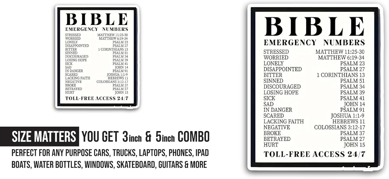 2 (Pieces) 3" and 5" Bible Emergency Numbers Sticker, Waterproof Vinyl Decals for Many Purpose Like Cars, Trucks, Laptops, Phones, Windows and More