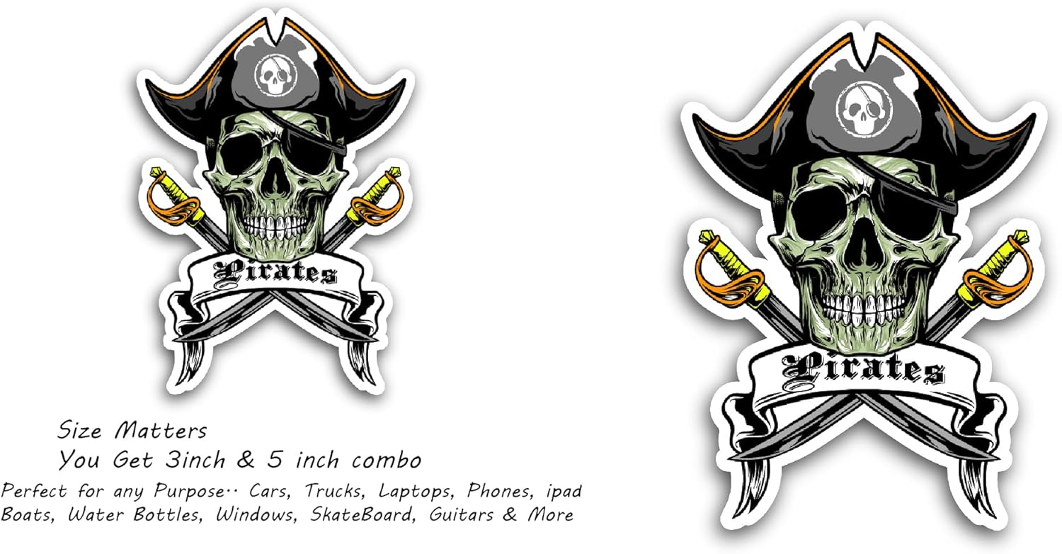 2 (Pieces) 3" and 5" Skull Pirates with Cross Swords Sticker, Waterproof Vinyl Decals for Many Purpose Like Cars, Trucks, Laptops, Phones, Windows and More