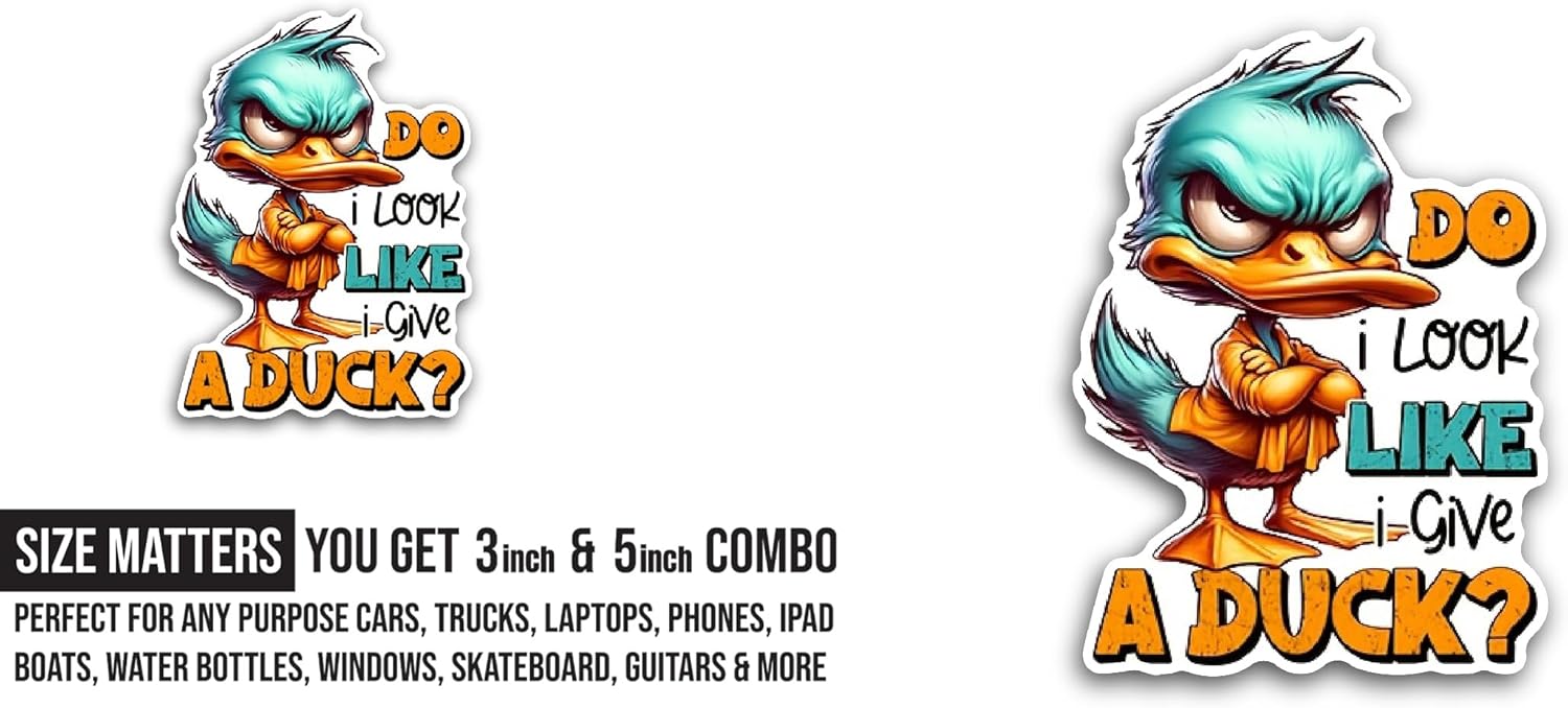 2 (Pieces) 3" and 5" Funny Angry Duck Sticker, Waterproof Vinyl Decals for Many Purpose Like Cars, Trucks, Laptops, Phones, Windows and More